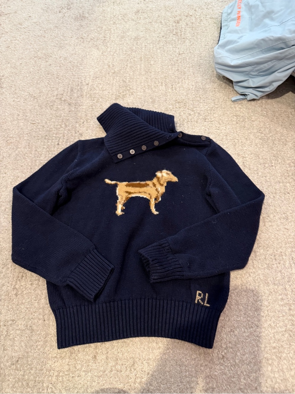 Ralph Lauren Navy Turtleneck Sweater with Tan Dog Intarsia